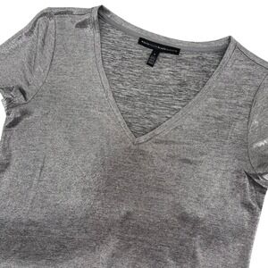White House Black Market‎ Metallic Silver V-Neck Tee Top Sparkle Small